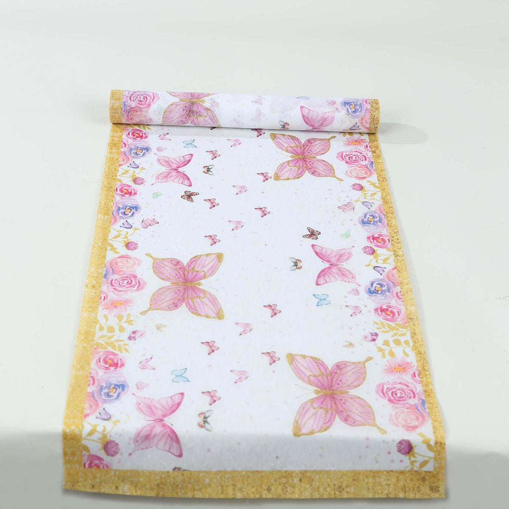 5 Pack Disposable Table Runners 11"x108" White with Pink Butterflies - Non - woven Stylish Spring Summer Dining Decor - Bell Racket Store