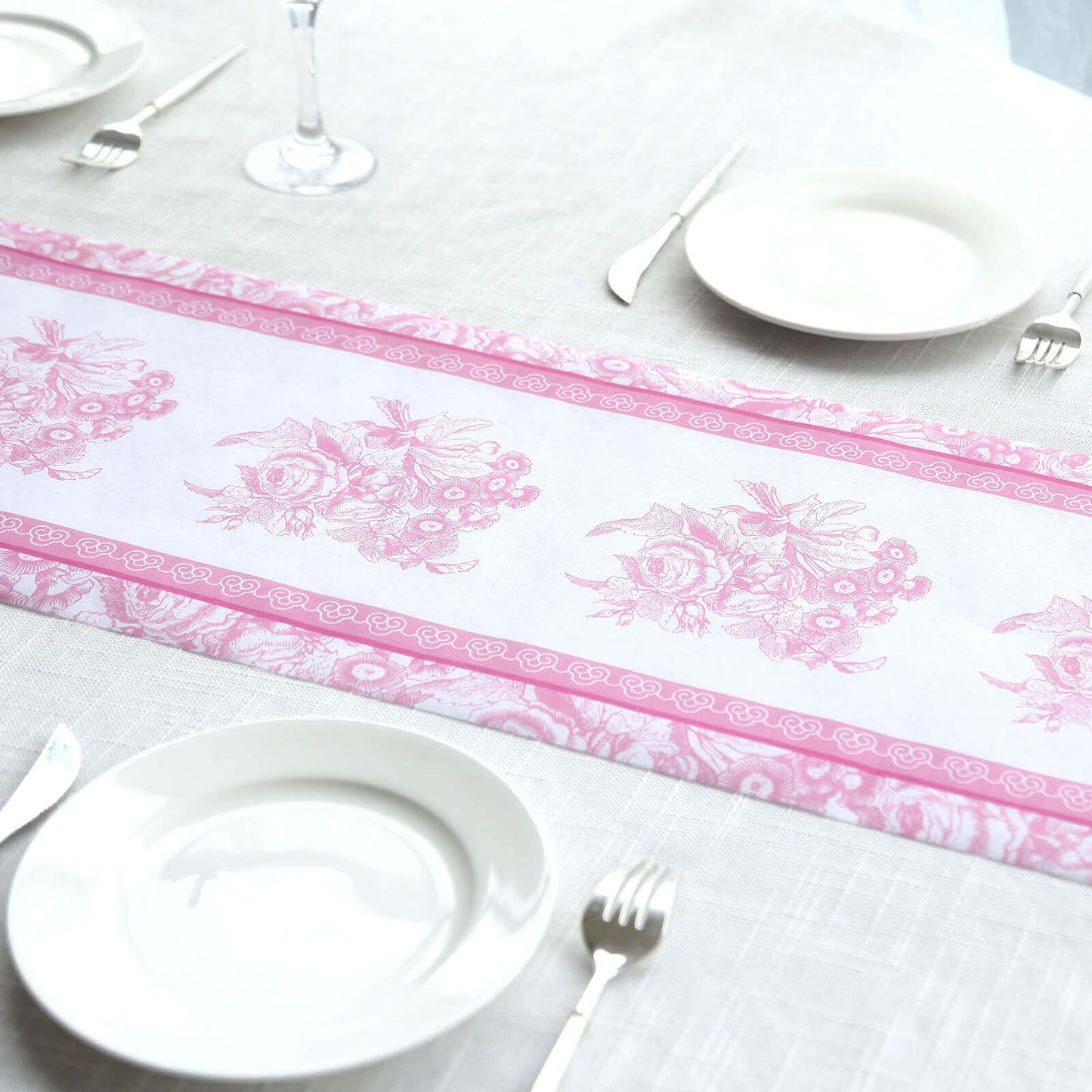 5 Pack Disposable Table Runners 11"x108" White with Pink Floral Pattern - Non - woven Stylish Kitchen Dining Table Decor - Bell Racket Store