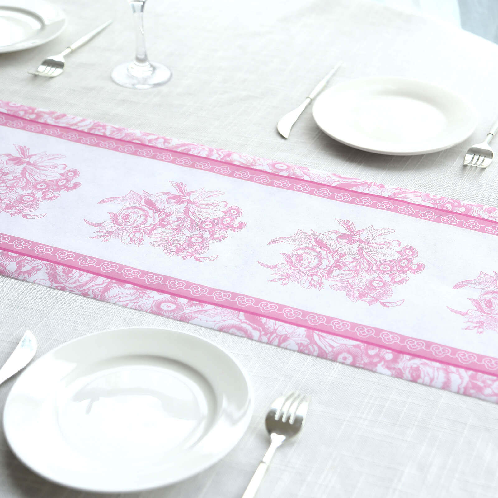 5 Pack Disposable Table Runners 11"x108" White with Pink Floral Pattern - Non - woven Stylish Kitchen Dining Table Decor - Bell Racket Store