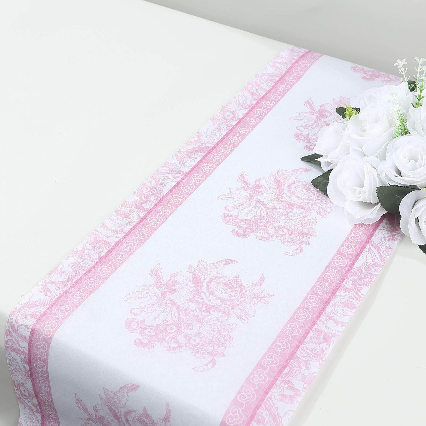 5 Pack Disposable Table Runners 11"x108" White with Pink Floral Pattern - Non - woven Stylish Kitchen Dining Table Decor - Bell Racket Store