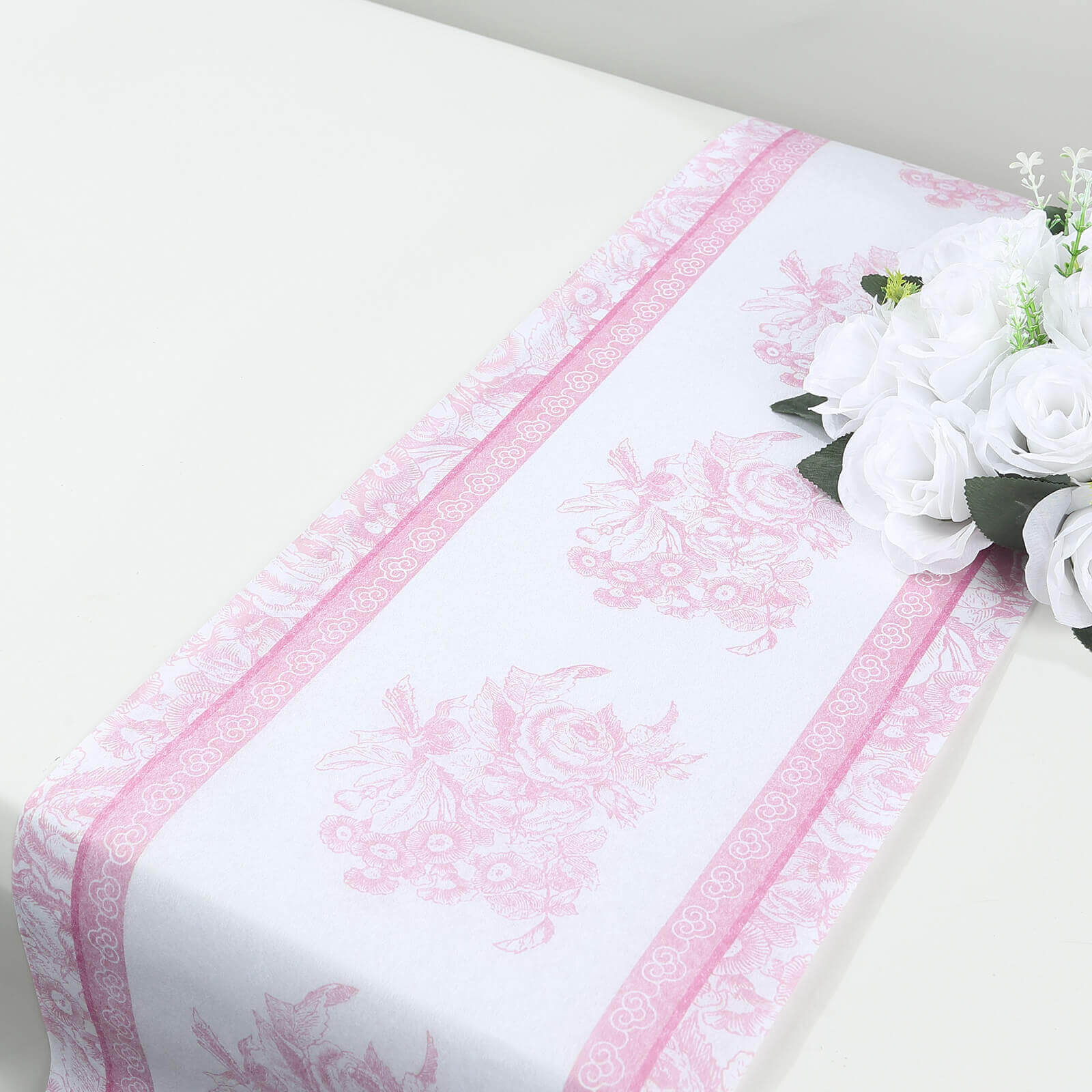 5 Pack Disposable Table Runners 11"x108" White with Pink Floral Pattern - Non - woven Stylish Kitchen Dining Table Decor - Bell Racket Store