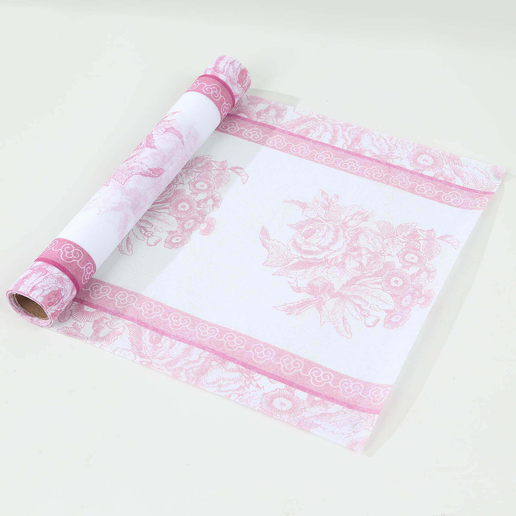 5 Pack Disposable Table Runners 11"x108" White with Pink Floral Pattern - Non - woven Stylish Kitchen Dining Table Decor - Bell Racket Store
