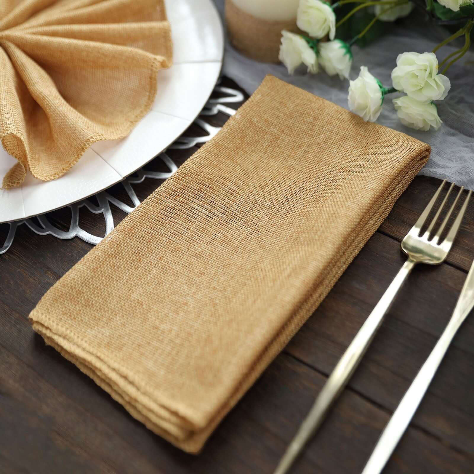 5 Pack Faux Jute 19"x19" Napkins Gold - Authentic Burlap Look Cloth Napkins for Rustic Boho Weddings & Parties - Bell Racket Store