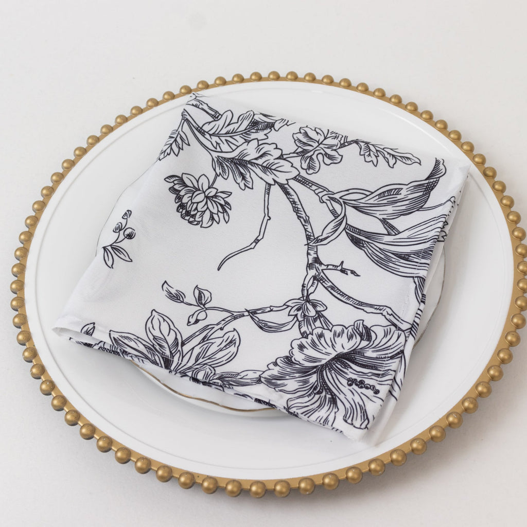 5 - Pack French Toile Polyester Cloth Napkins â€“ 17"x17" Black and White Reusable Table Napkins in Floral Design for Events & Dining - Bell Racket Store