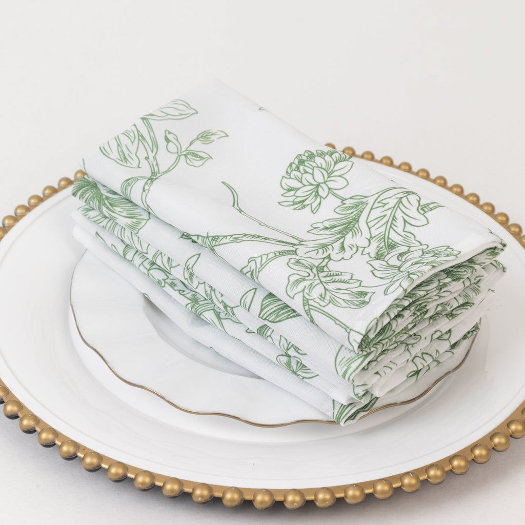 5 - Pack French Toile Polyester Cloth Napkins â€“ 17"x17" Dusty Sage Green and White Reusable Table Napkins in Floral Design for Events & Dining - Bell Racket Store