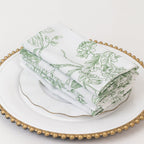 5 - Pack French Toile Polyester Cloth Napkins â€“ 17"x17" Dusty Sage Green and White Reusable Table Napkins in Floral Design for Events & Dining - Bell Racket Store