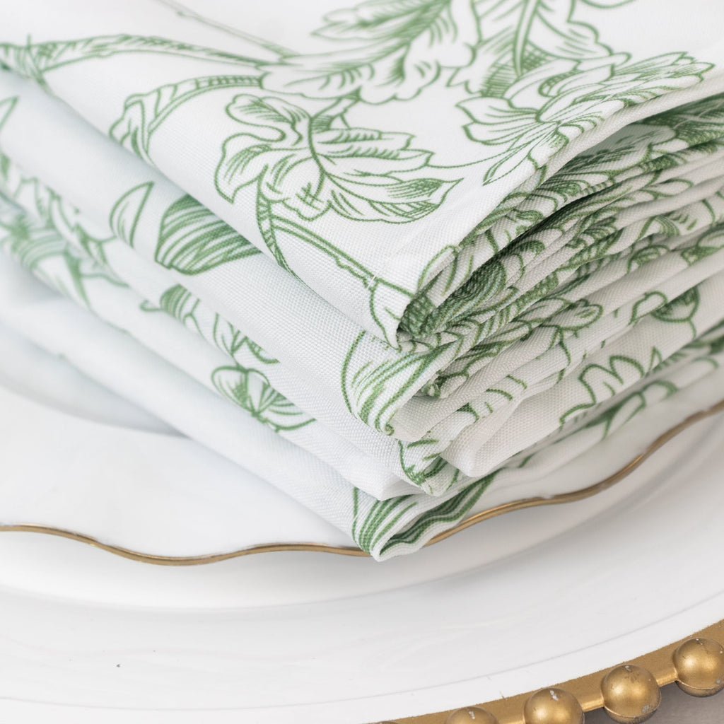 5 - Pack French Toile Polyester Cloth Napkins â€“ 17"x17" Dusty Sage Green and White Reusable Table Napkins in Floral Design for Events & Dining - Bell Racket Store