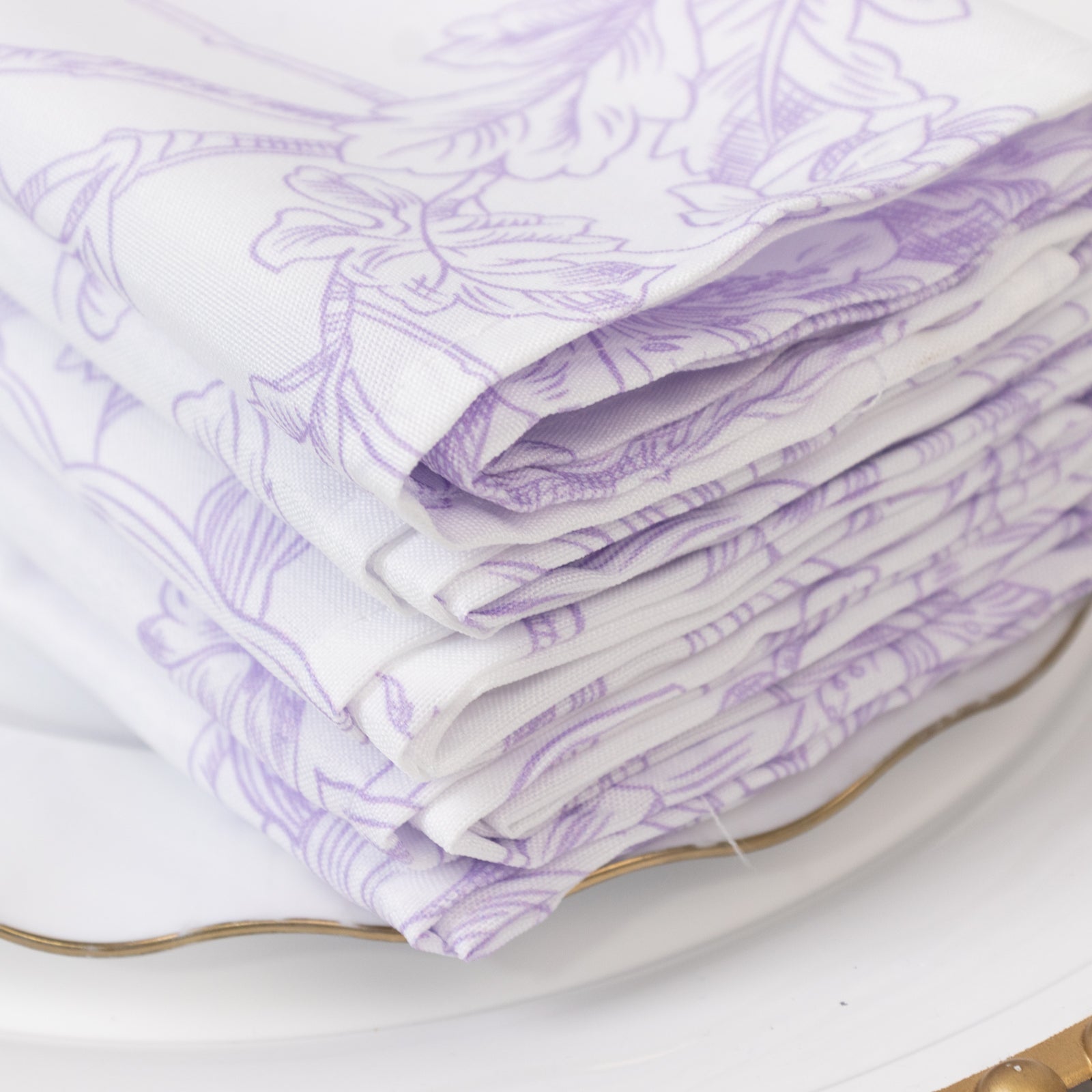 5 - Pack French Toile Polyester Cloth Napkins â€“ 17"x17" Lavender Lilac and White Reusable Table Napkins in Floral Design for Events & Dining - Bell Racket Store