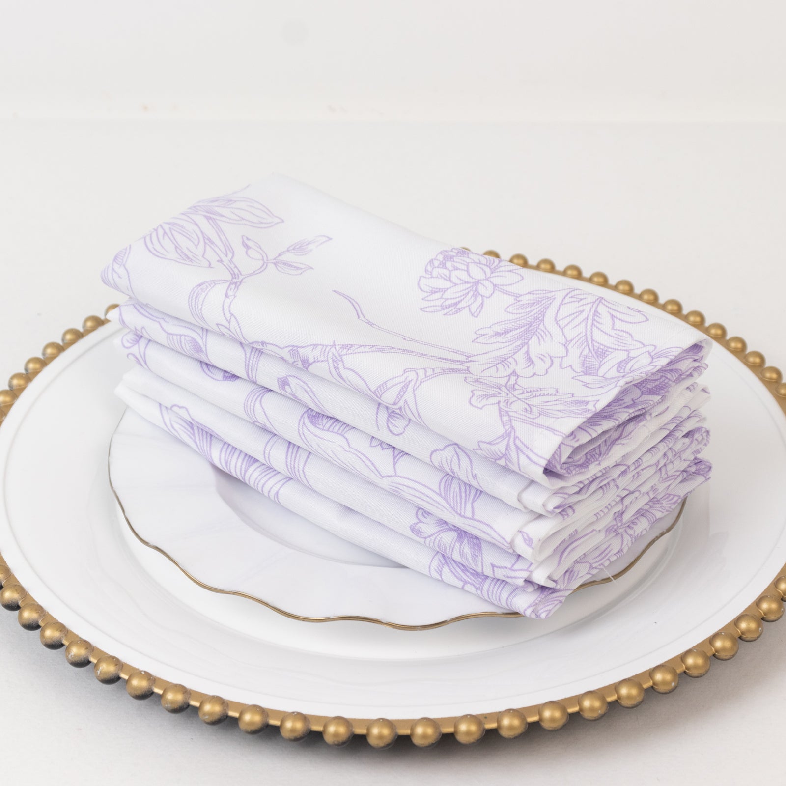 5 - Pack French Toile Polyester Cloth Napkins â€“ 17"x17" Lavender Lilac and White Reusable Table Napkins in Floral Design for Events & Dining - Bell Racket Store