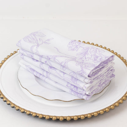5 - Pack French Toile Polyester Cloth Napkins â€“ 17"x17" Lavender Lilac and White Reusable Table Napkins in Floral Design for Events & Dining - Bell Racket Store