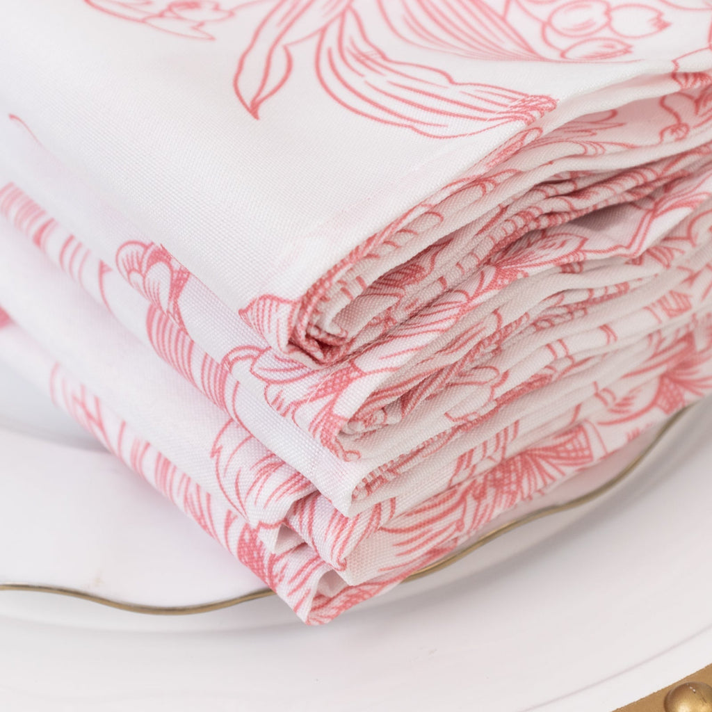5 - Pack French Toile Polyester Cloth Napkins â€“ 17"x17" Pink and White Reusable Table Napkins in Floral Design for Events & Dining - Bell Racket Store