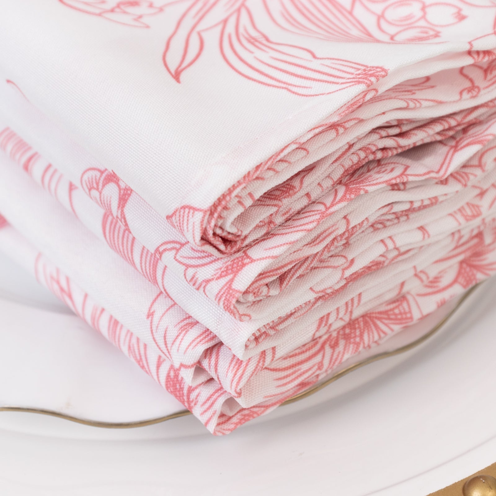 5 - Pack French Toile Polyester Cloth Napkins â€“ 17"x17" Pink and White Reusable Table Napkins in Floral Design for Events & Dining - Bell Racket Store