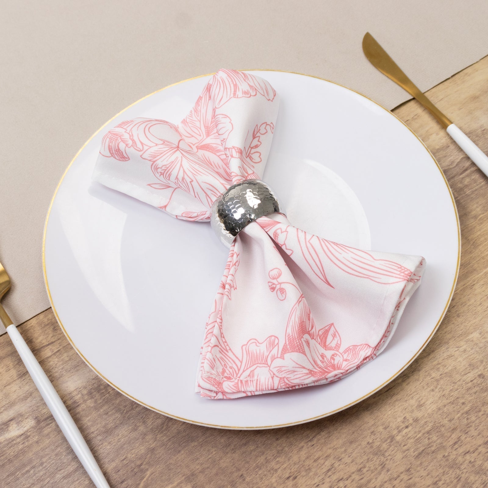 5 - Pack French Toile Polyester Cloth Napkins â€“ 17"x17" Pink and White Reusable Table Napkins in Floral Design for Events & Dining - Bell Racket Store