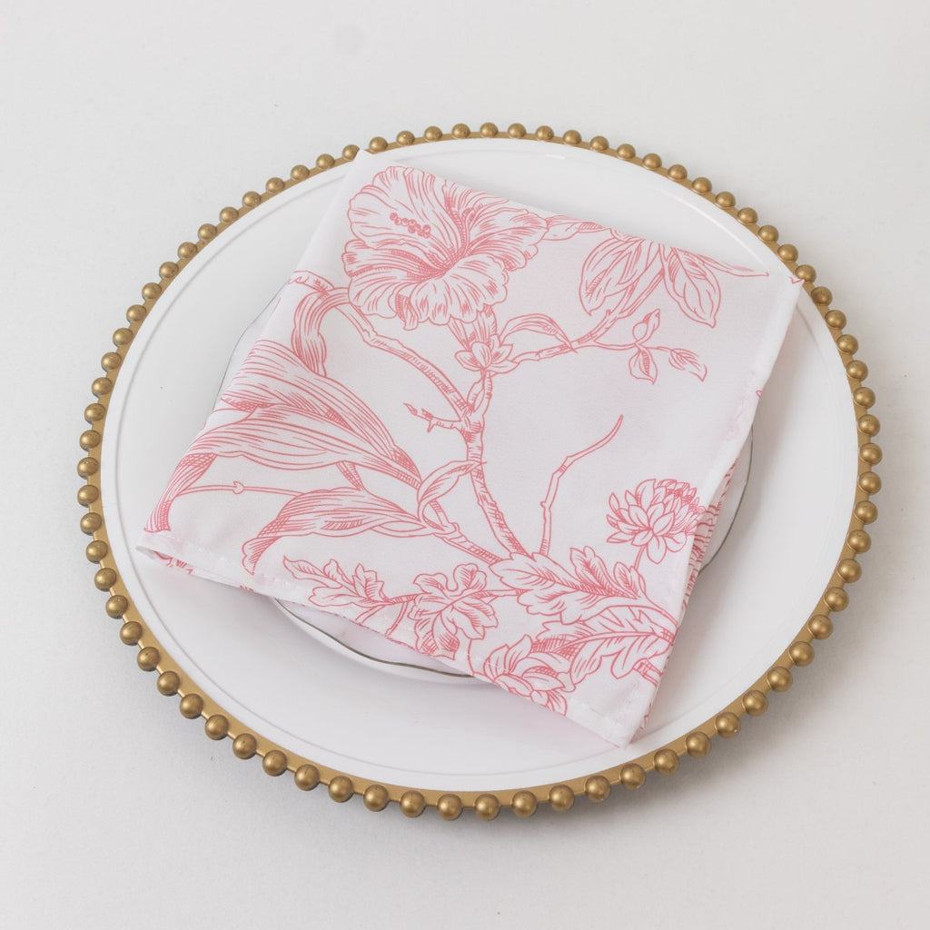 5 - Pack French Toile Polyester Cloth Napkins â€“ 17"x17" Pink and White Reusable Table Napkins in Floral Design for Events & Dining - Bell Racket Store