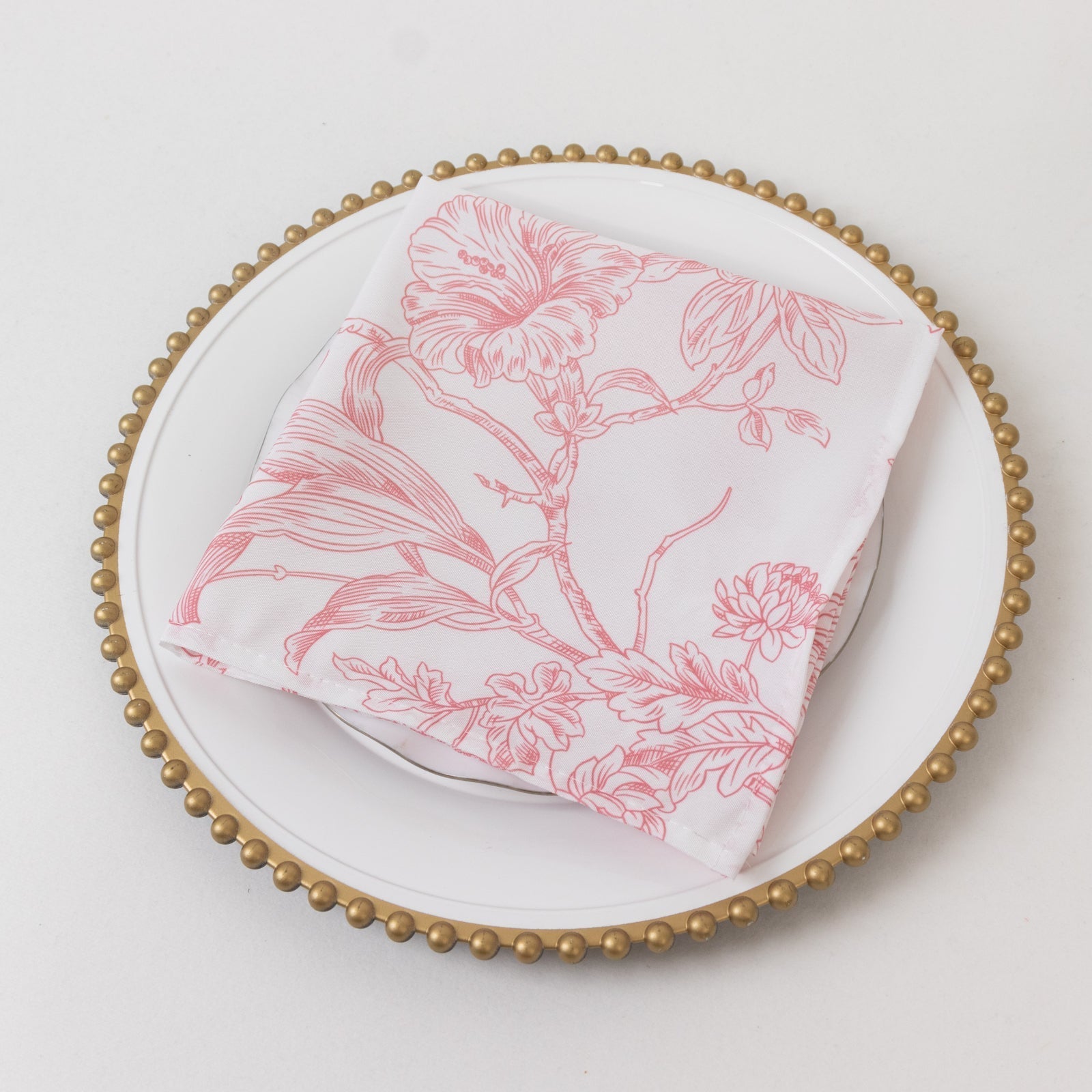 5 - Pack French Toile Polyester Cloth Napkins â€“ 17"x17" Pink and White Reusable Table Napkins in Floral Design for Events & Dining - Bell Racket Store