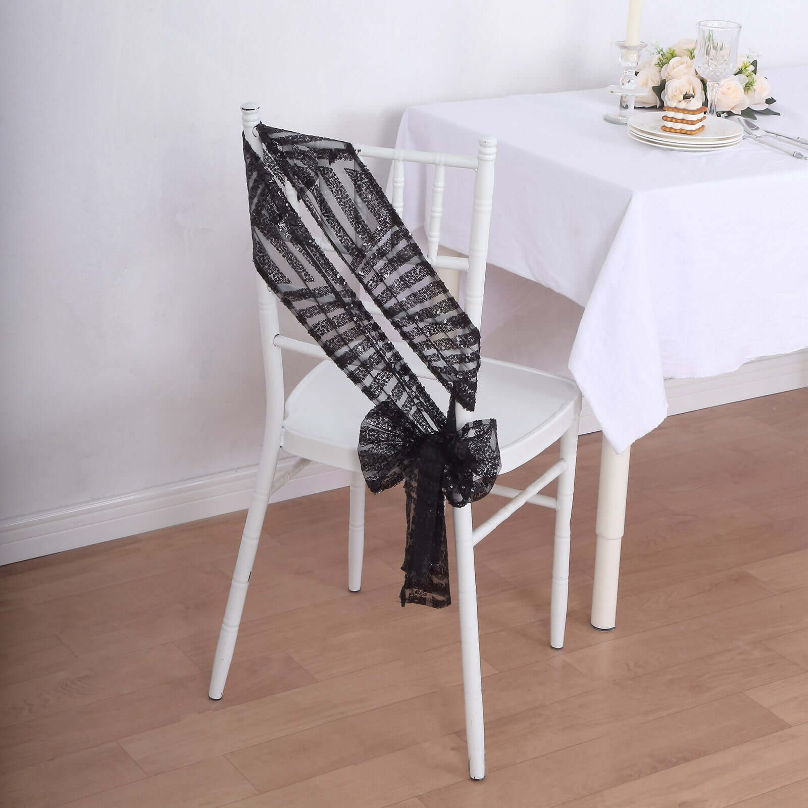 5 Pack Glitz Sequin Chair Sashes with Geometric Diamond Design 6"x88" Black - Glittering Accent for Weddings - Bell Racket Store