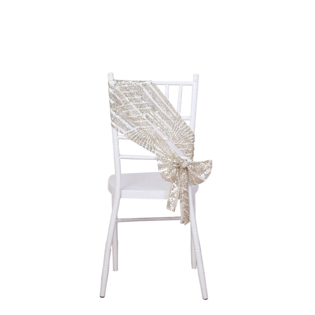 5 Pack Glitz Sequin Chair Sashes with Geometric Diamond Design 6"x88" Champagne - Bell Racket Store