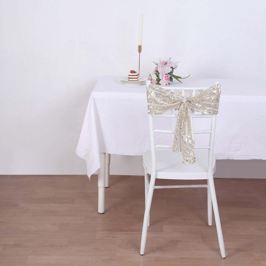 5 Pack Glitz Sequin Chair Sashes with Geometric Diamond Design 6"x88" Champagne - Bell Racket Store