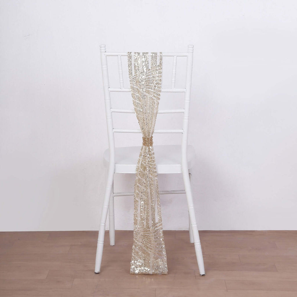 5 Pack Glitz Sequin Chair Sashes with Geometric Diamond Design 6"x88" Champagne - Bell Racket Store