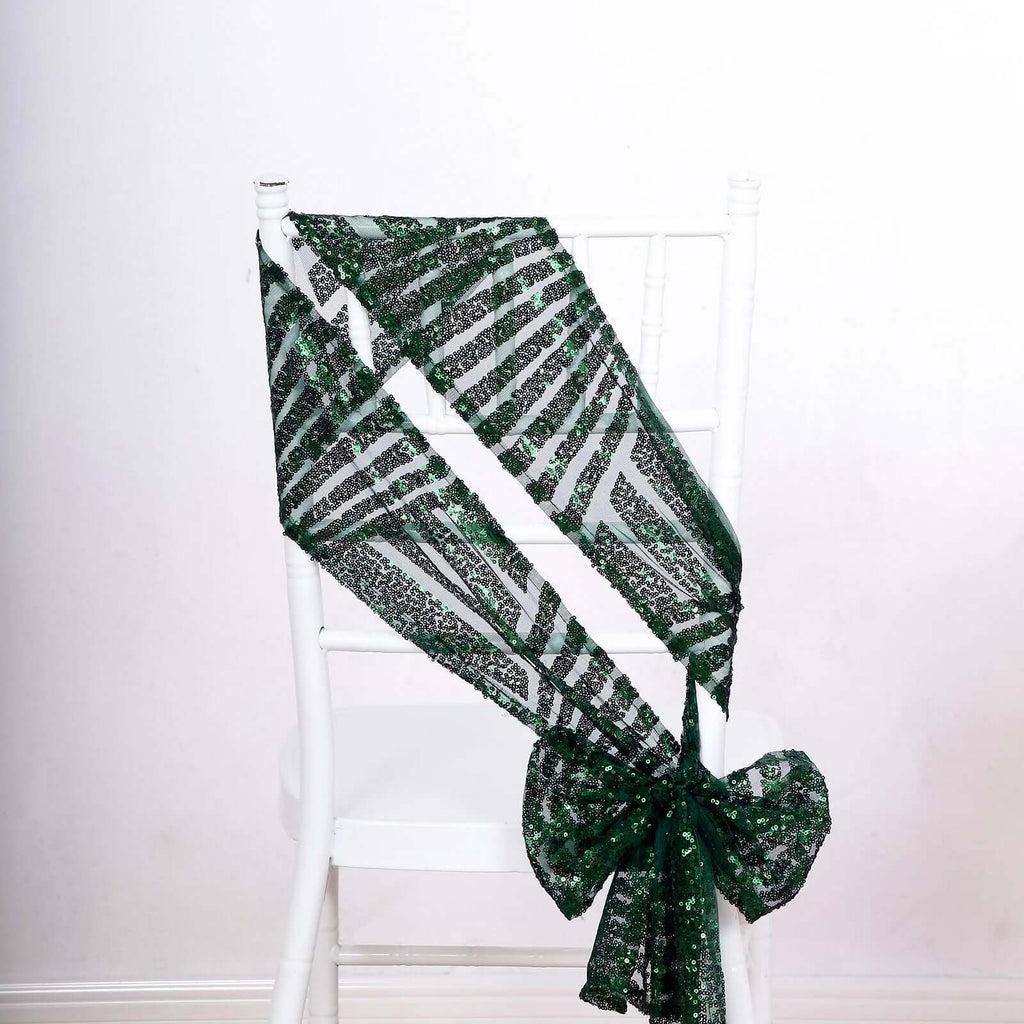5 Pack Glitz Sequin Chair Sashes with Geometric Diamond Design 6"x88" Hunter Emerald Green - Bell Racket Store