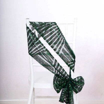 5 Pack Glitz Sequin Chair Sashes with Geometric Diamond Design 6"x88" Hunter Emerald Green - Bell Racket Store