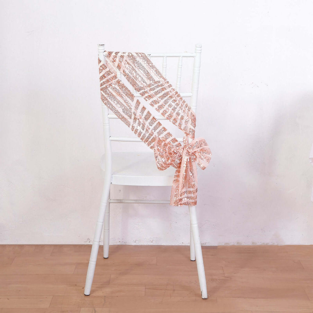 5 Pack Glitz Sequin Chair Sashes with Geometric Diamond Design 6"x88" Rose Gold - Bell Racket Store