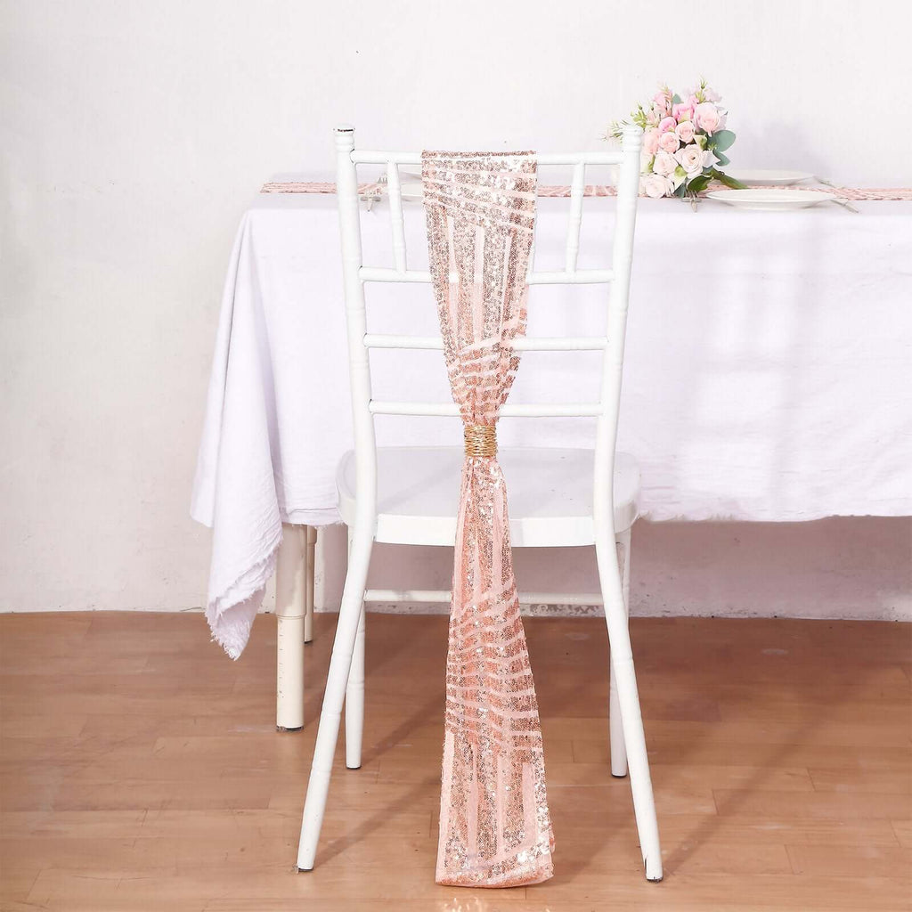 5 Pack Glitz Sequin Chair Sashes with Geometric Diamond Design 6"x88" Rose Gold - Bell Racket Store