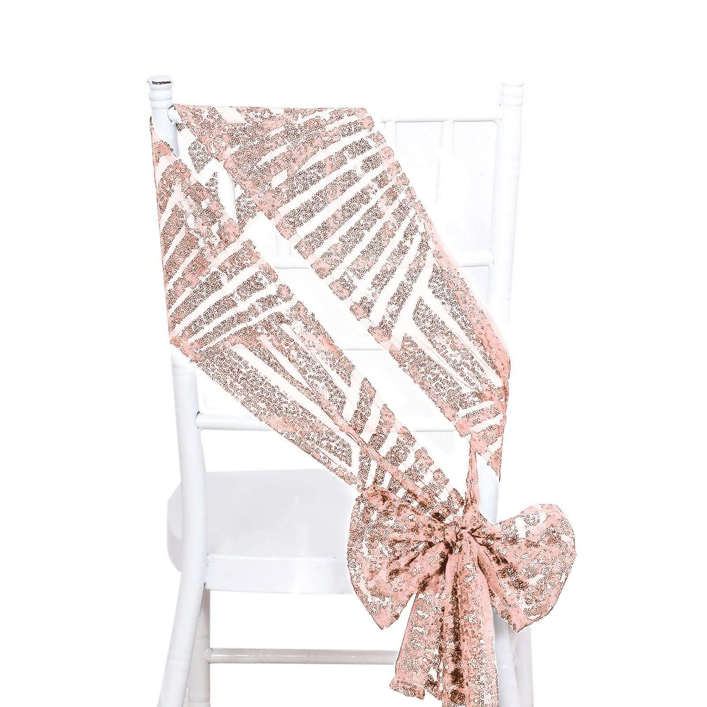 5 Pack Glitz Sequin Chair Sashes with Geometric Diamond Design 6"x88" Rose Gold - Bell Racket Store