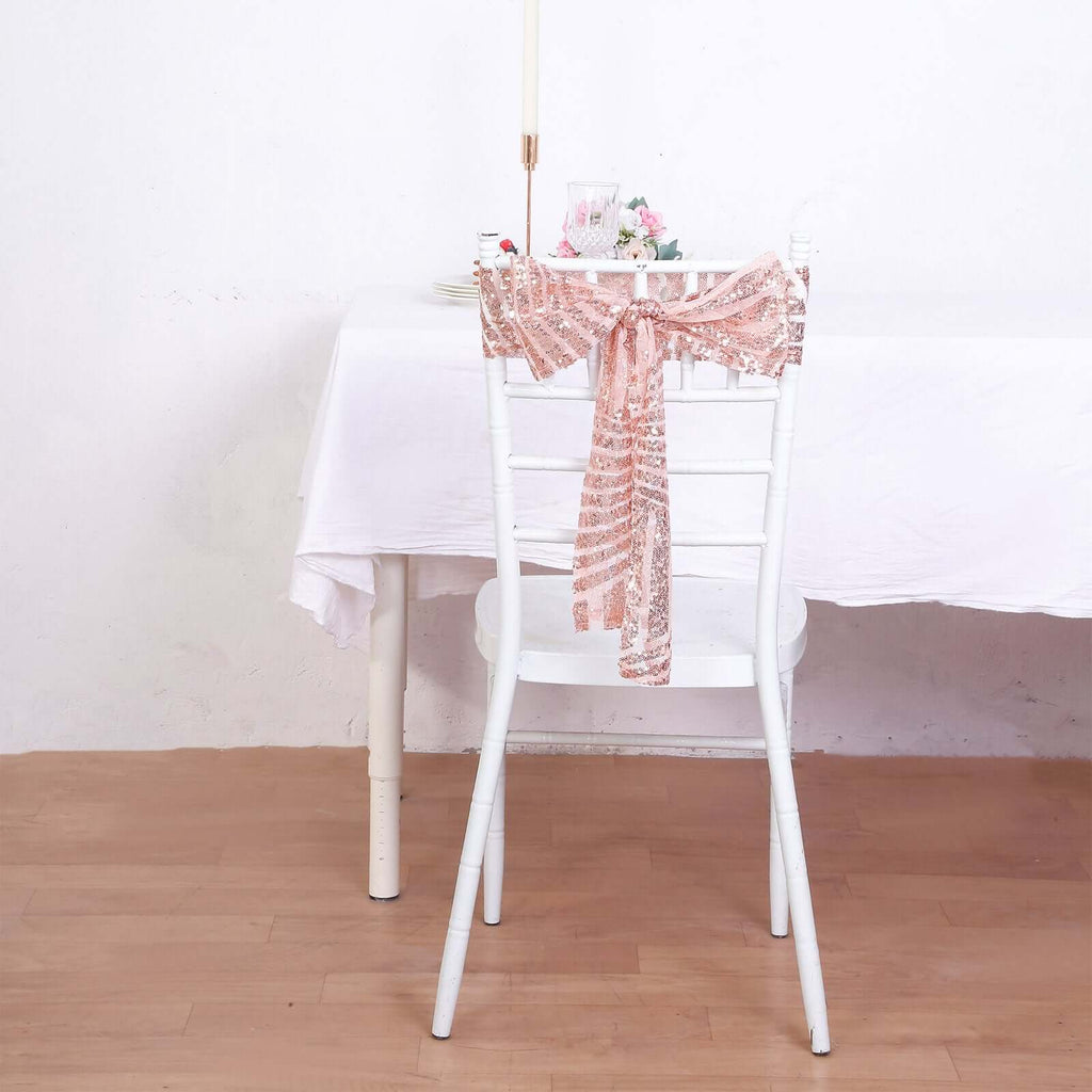 5 Pack Glitz Sequin Chair Sashes with Geometric Diamond Design 6"x88" Rose Gold - Bell Racket Store
