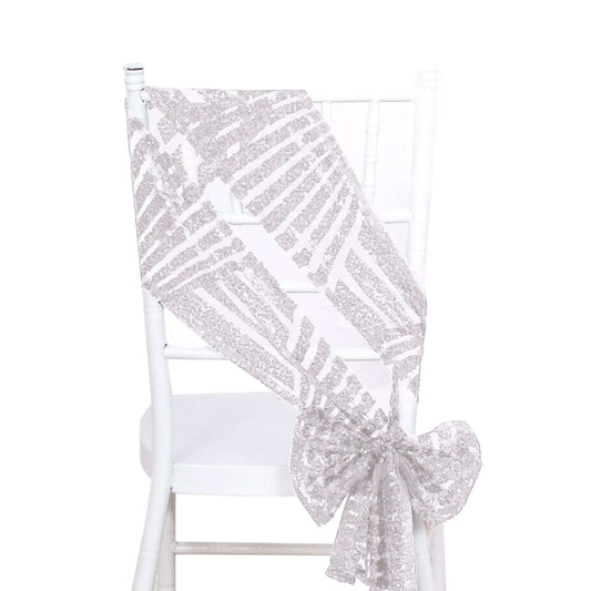 5 Pack Glitz Sequin Chair Sashes with Geometric Diamond Design 6"x88"Silver - Bell Racket Store