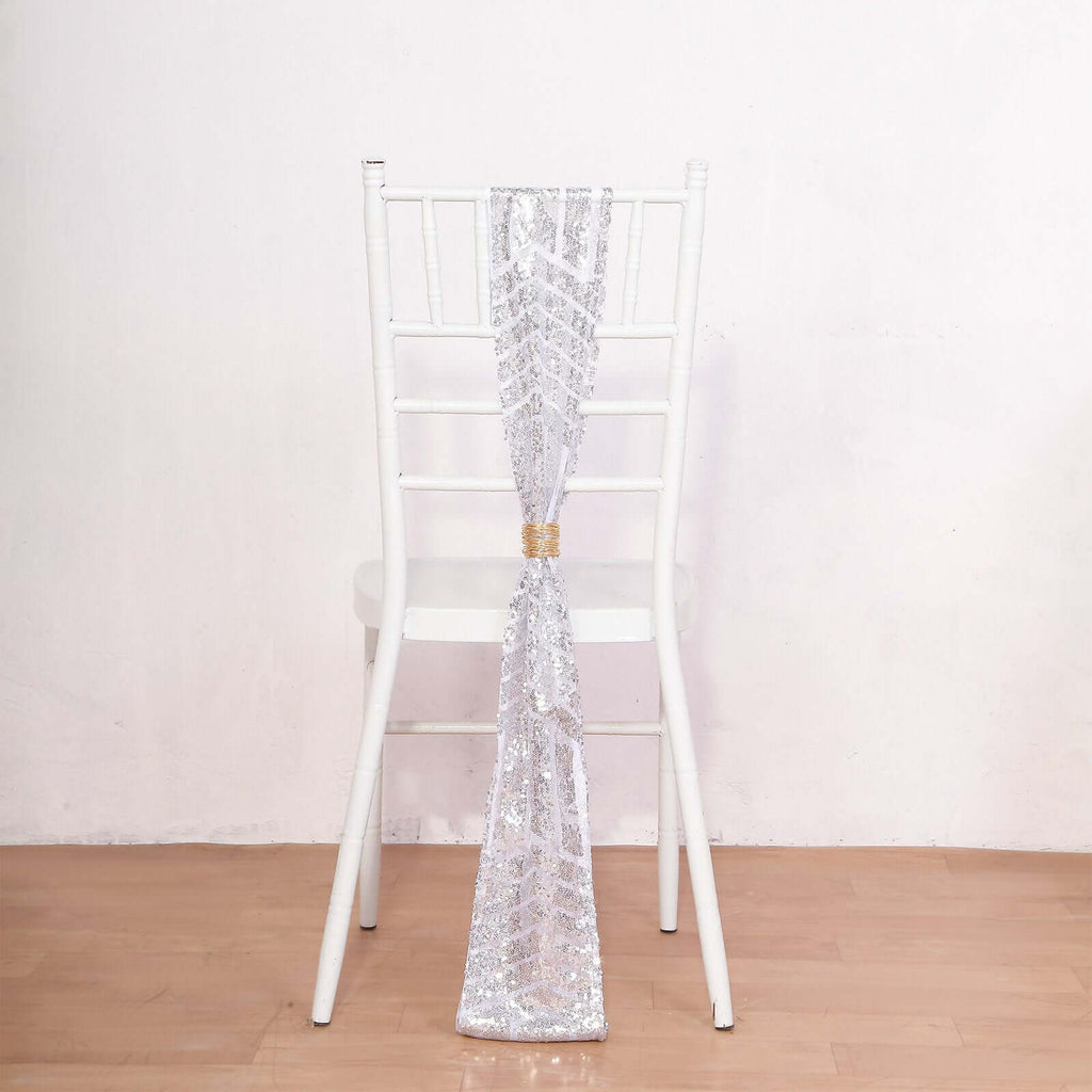 5 Pack Glitz Sequin Chair Sashes with Geometric Diamond Design 6"x88"Silver - Bell Racket Store