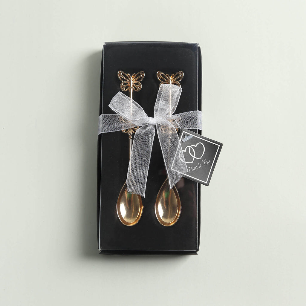 5 Pack Gold Metal Butterfly Handle Dessert Spoons in Clear Top Black Gift Box, Pre - Packed Mini Espresso Coffee Spoons Wedding Souvenir Gift with Thank You Tag and Ribbon - 4" - Bell Racket Store