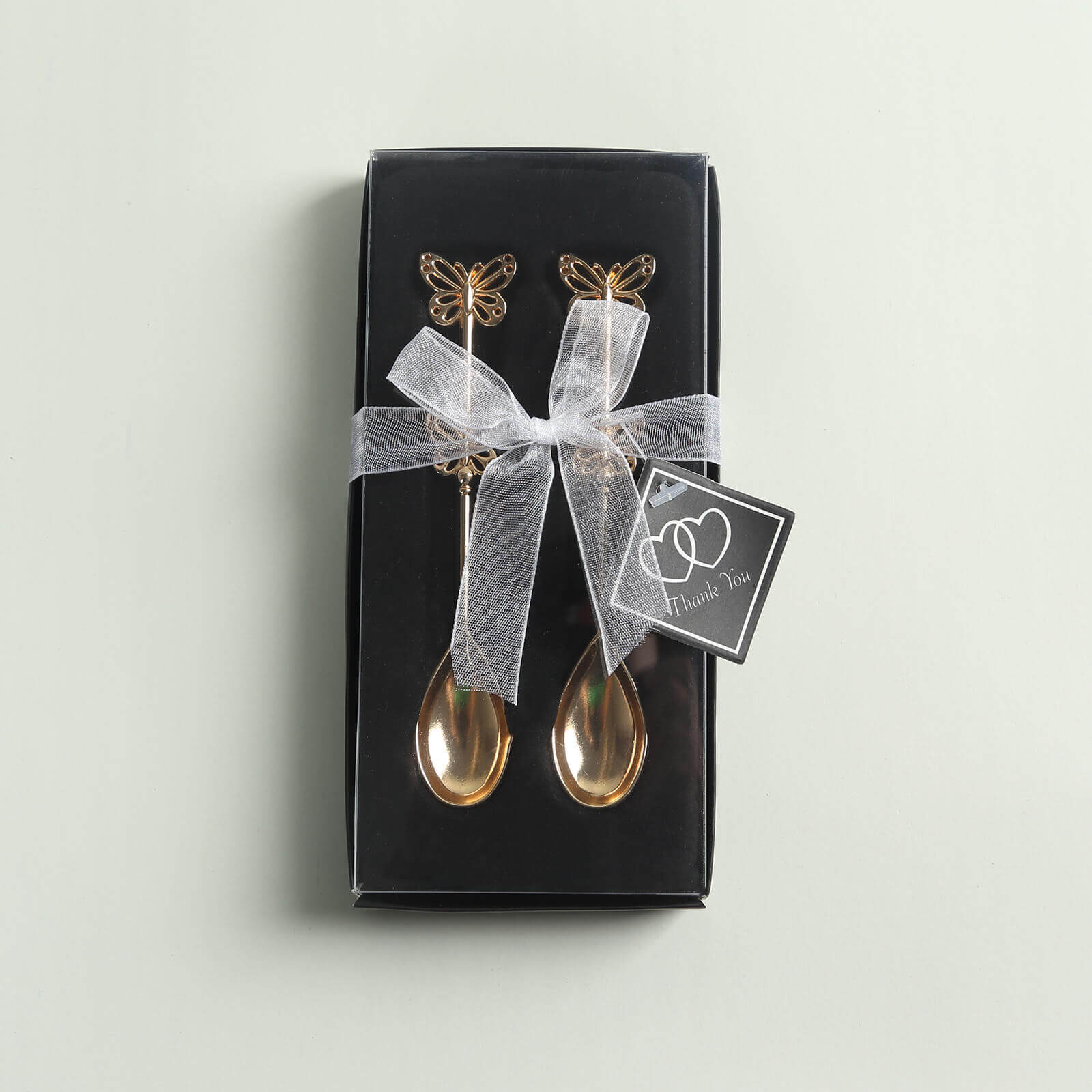 5 Pack Gold Metal Butterfly Handle Dessert Spoons in Clear Top Black Gift Box, Pre - Packed Mini Espresso Coffee Spoons Wedding Souvenir Gift with Thank You Tag and Ribbon - 4" - Bell Racket Store