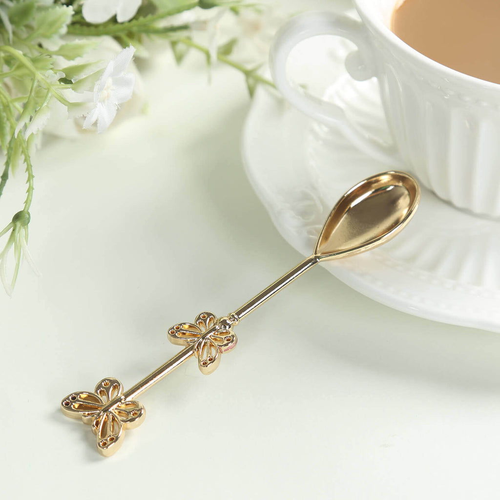 5 Pack Gold Metal Butterfly Handle Dessert Spoons in Clear Top Black Gift Box, Pre - Packed Mini Espresso Coffee Spoons Wedding Souvenir Gift with Thank You Tag and Ribbon - 4" - Bell Racket Store