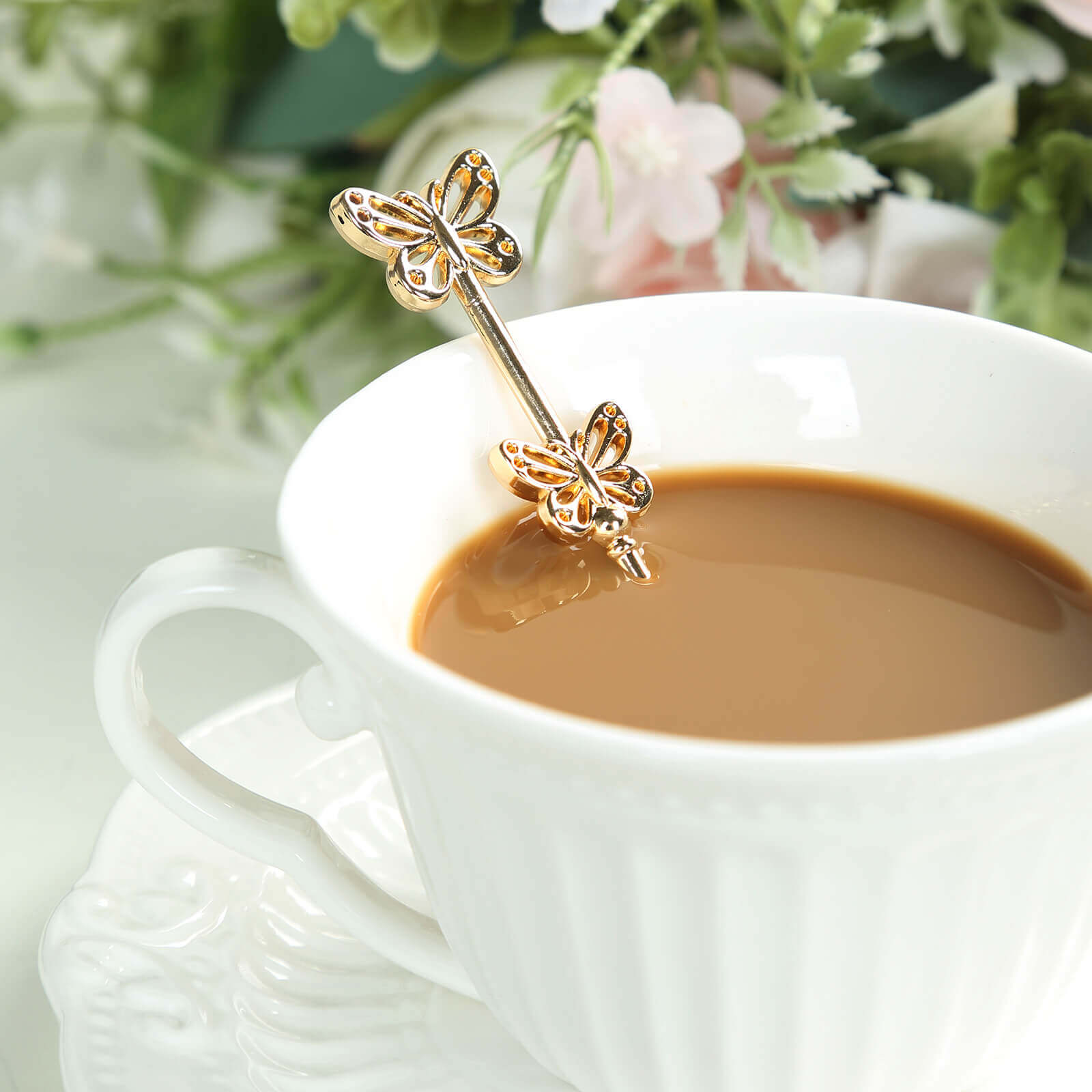 5 Pack Gold Metal Butterfly Handle Dessert Spoons in Clear Top Black Gift Box, Pre - Packed Mini Espresso Coffee Spoons Wedding Souvenir Gift with Thank You Tag and Ribbon - 4" - Bell Racket Store