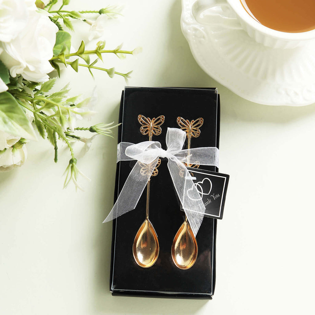 5 Pack Gold Metal Butterfly Handle Dessert Spoons in Clear Top Black Gift Box, Pre - Packed Mini Espresso Coffee Spoons Wedding Souvenir Gift with Thank You Tag and Ribbon - 4" - Bell Racket Store
