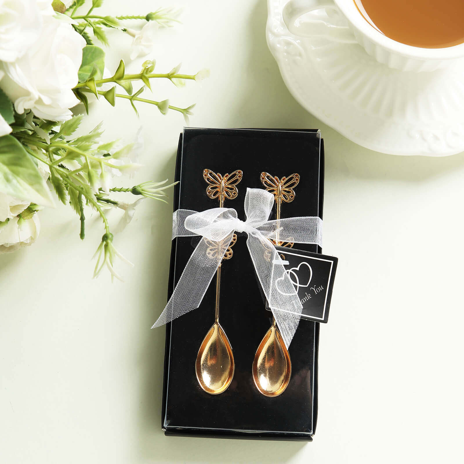 5 Pack Gold Metal Butterfly Handle Dessert Spoons in Clear Top Black Gift Box, Pre - Packed Mini Espresso Coffee Spoons Wedding Souvenir Gift with Thank You Tag and Ribbon - 4" - Bell Racket Store