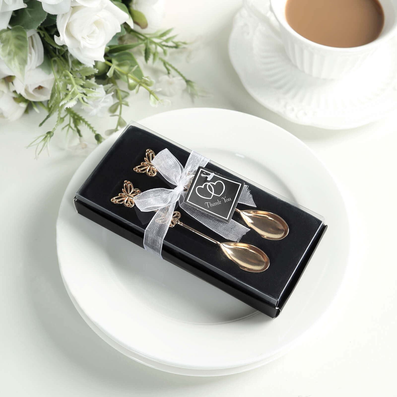 5 Pack Gold Metal Butterfly Handle Dessert Spoons in Clear Top Black Gift Box, Pre - Packed Mini Espresso Coffee Spoons Wedding Souvenir Gift with Thank You Tag and Ribbon - 4" - Bell Racket Store