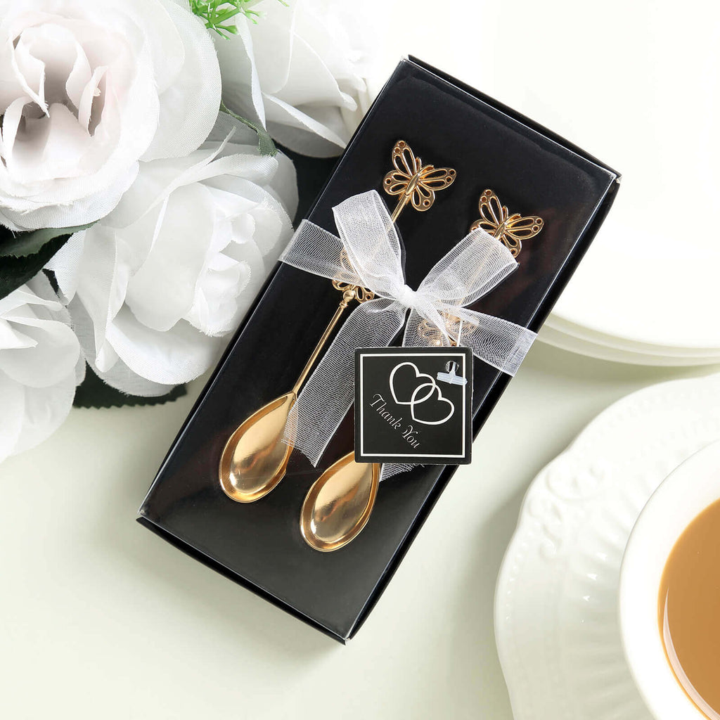 5 Pack Gold Metal Butterfly Handle Dessert Spoons in Clear Top Black Gift Box, Pre - Packed Mini Espresso Coffee Spoons Wedding Souvenir Gift with Thank You Tag and Ribbon - 4" - Bell Racket Store