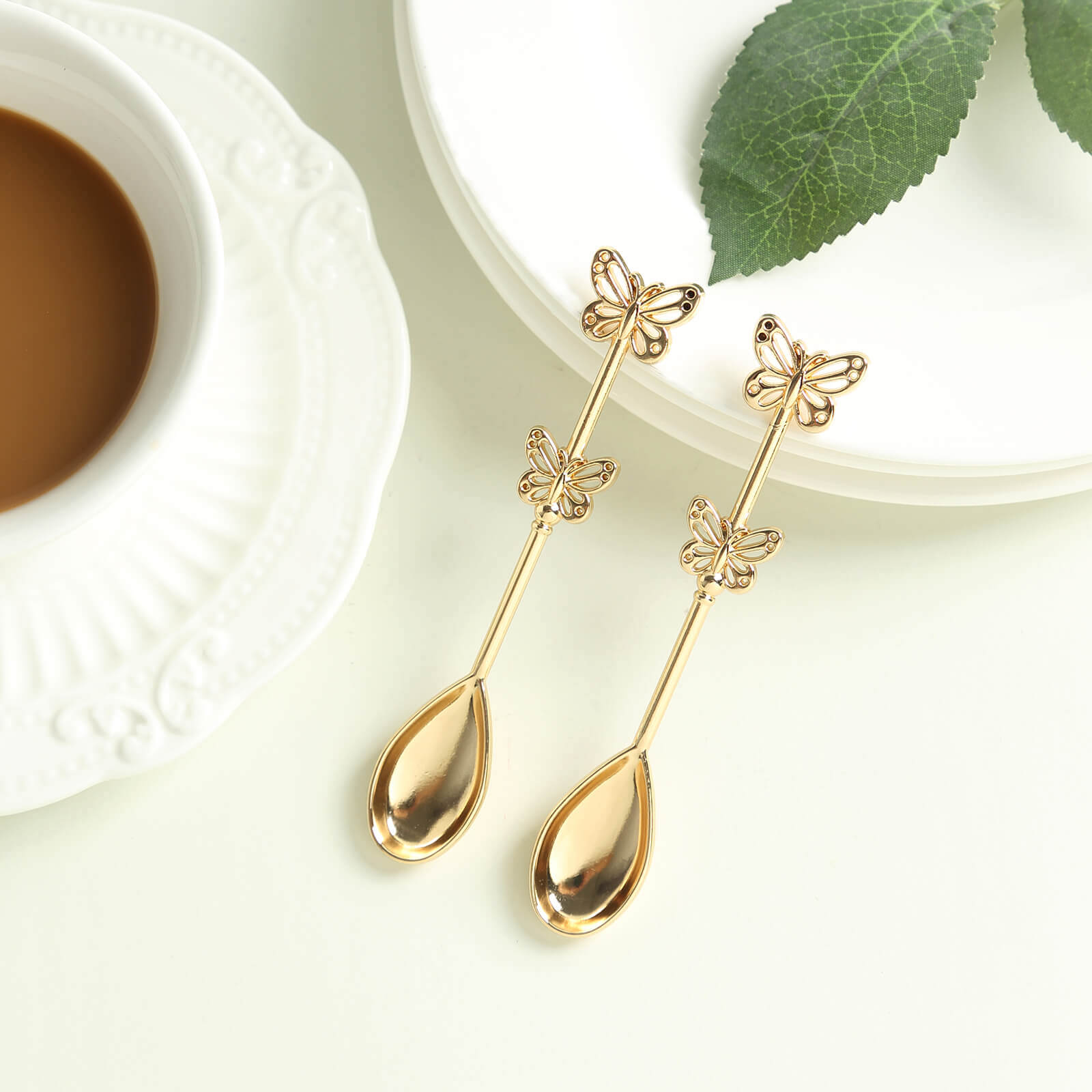 5 Pack Gold Metal Butterfly Handle Dessert Spoons in Clear Top Black Gift Box, Pre - Packed Mini Espresso Coffee Spoons Wedding Souvenir Gift with Thank You Tag and Ribbon - 4" - Bell Racket Store