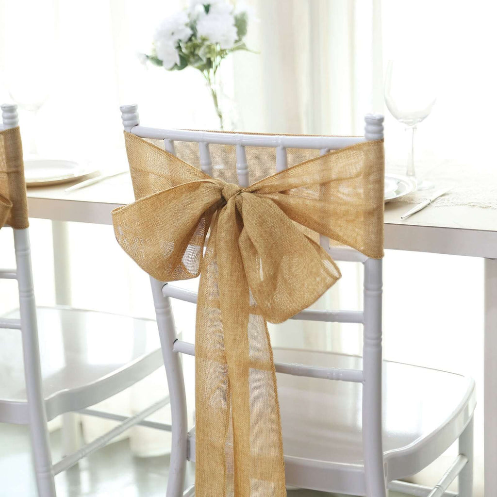5 Pack Jute Faux Burlap 6"x108" Chair Sashes Gold - Boho Chic Linen Decor for Weddings & Gatherings - Bell Racket Store