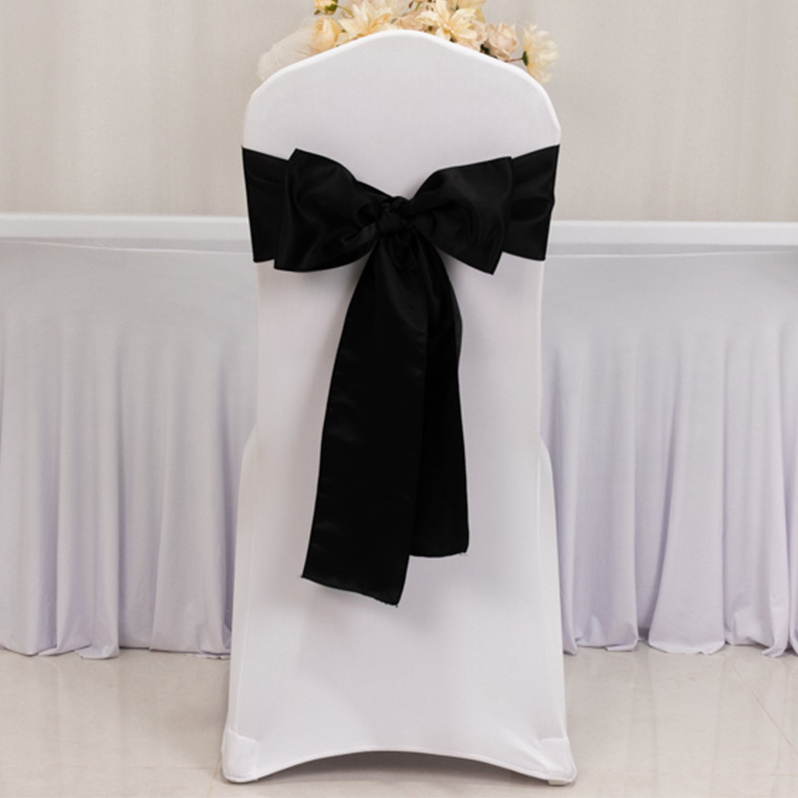 5 Pack Lamour Satin 6"x106" Chair Sashes Black - Stylish Reusable Decorative Bows for Weddings & Gatherings - Bell Racket Store