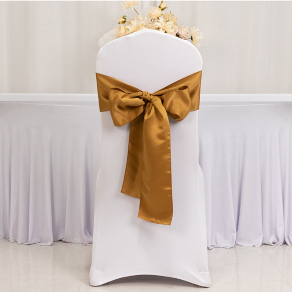 5 Pack Lamour Satin 6"x106" Chair Sashes Gold - Stylish Reusable Decorative Bows for Weddings & Gatherings - Bell Racket Store
