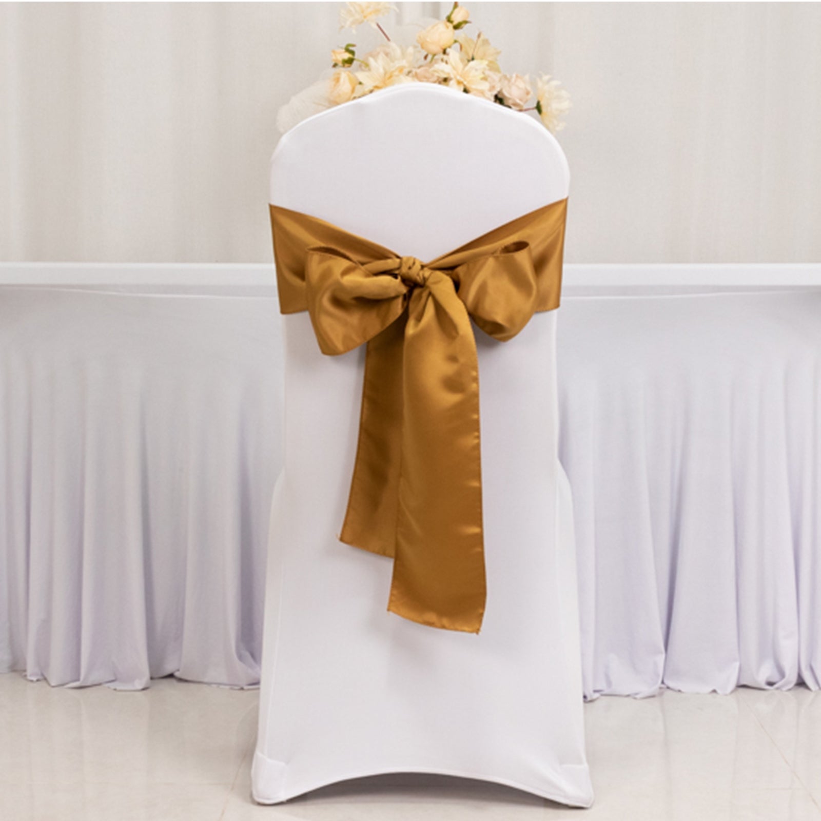 5 Pack Lamour Satin 6"x106" Chair Sashes Gold - Stylish Reusable Decorative Bows for Weddings & Gatherings - Bell Racket Store