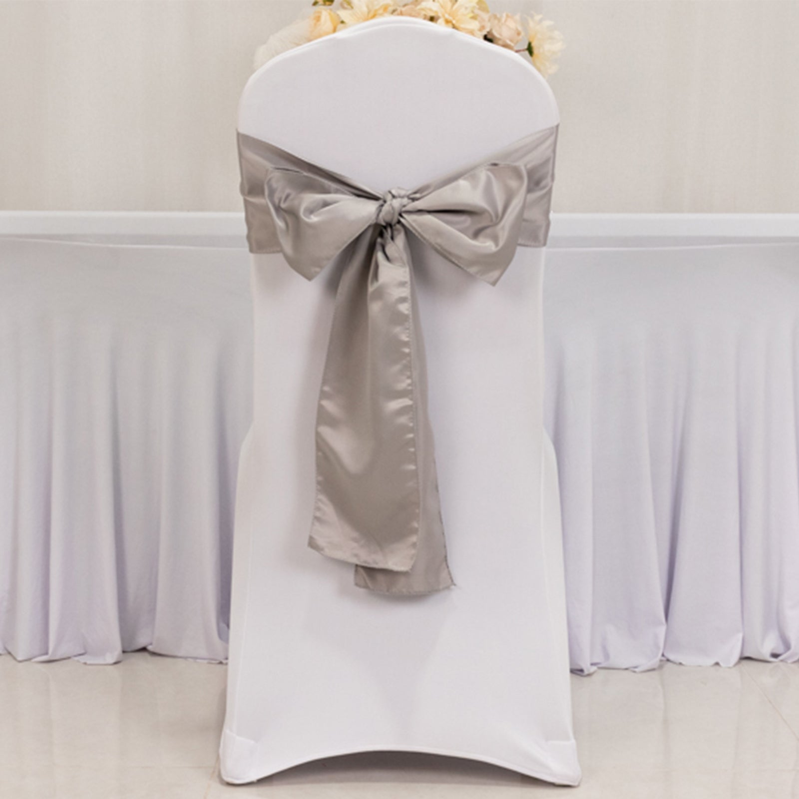 5 Pack Lamour Satin 6"x106" Chair Sashes Silver - Stylish Reusable Decorative Bows - Bell Racket Store