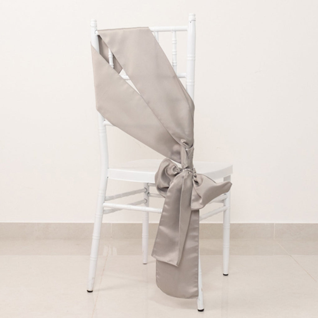 5 Pack Lamour Satin 6"x106" Chair Sashes Silver - Stylish Reusable Decorative Bows - Bell Racket Store