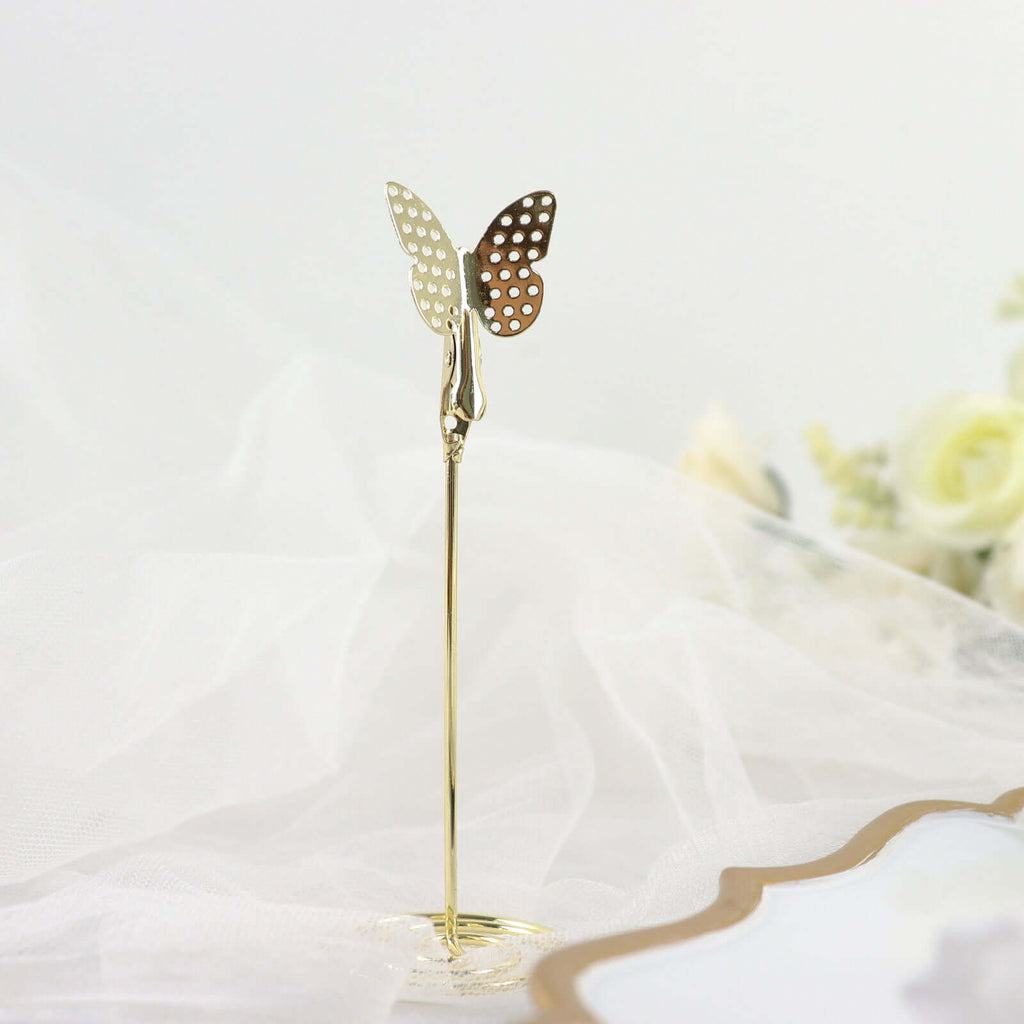 5 - Pack Metal Place Card Holders Gold - Modern Table Number Stands with Whimsical Butterfly Clips & Spiral Base for Signs Memos Photos Menus 5" - Bell Racket Store