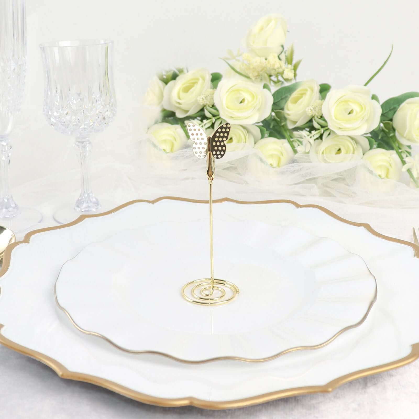 5 - Pack Metal Place Card Holders Gold - Modern Table Number Stands with Whimsical Butterfly Clips & Spiral Base for Signs Memos Photos Menus 5" - Bell Racket Store