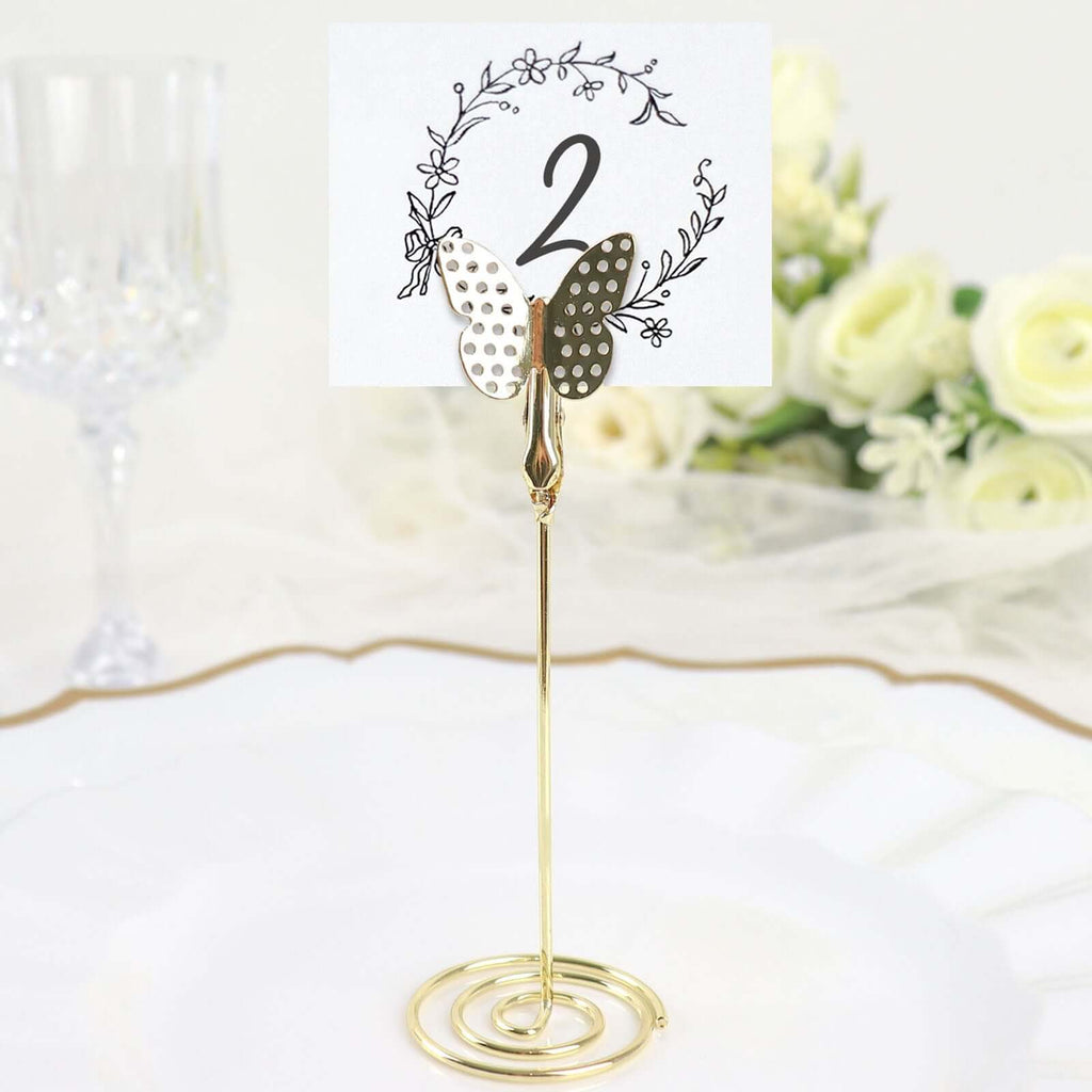 5 - Pack Metal Place Card Holders Gold - Modern Table Number Stands with Whimsical Butterfly Clips & Spiral Base for Signs Memos Photos Menus 5" - Bell Racket Store