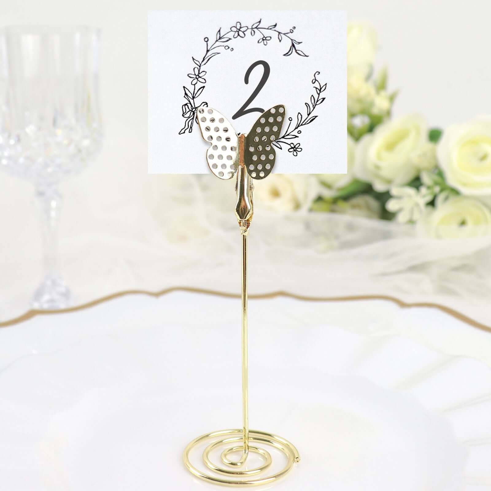 5 - Pack Metal Place Card Holders Gold - Modern Table Number Stands with Whimsical Butterfly Clips & Spiral Base for Signs Memos Photos Menus 5" - Bell Racket Store